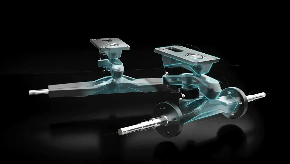 Trucks SuperCarve 2 du Evolve Stoke X, conçus pour offrir un carving précis et une stabilité accrue, idéals pour les rides urbains et les virages serrés